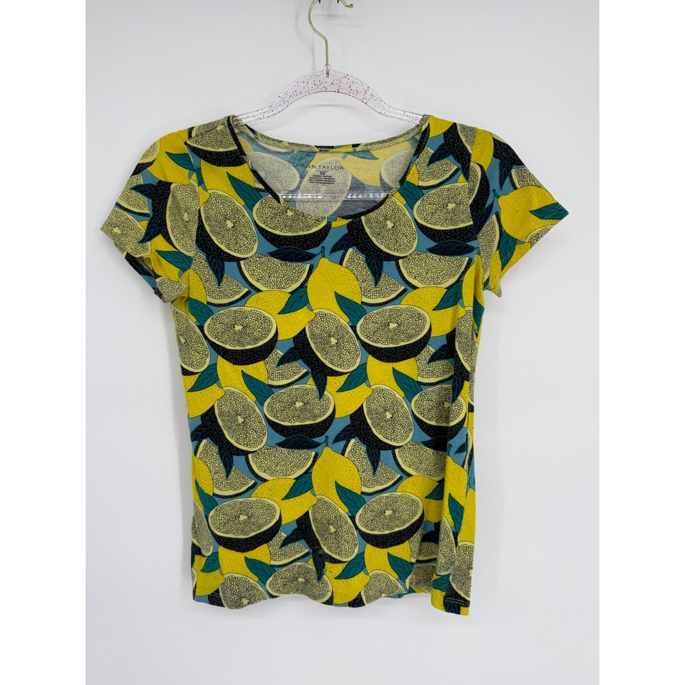 Ann Taylor Factory Yellow Citrus Lemon‎ Print Short Sleeve T Shirt Top XS